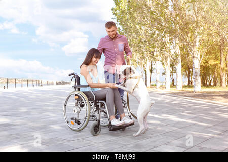 Junge Frau im Rollstuhl mit ihrem Mann und der Hund im Freien Stockfoto