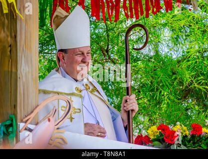 Erzbischof Thomas J. Rodi waits​ den Segen der Boote während des 70. jährlichen Segnung der Flotte im Bayou La Batre, Alabama zu liefern. Stockfoto