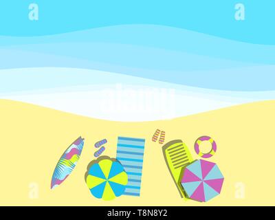 Strand, Meer mit Wellen. Liegestuhl mit Sonnenschirm, Surfbrett. Blick von oben. Bettüberwürfe mit Flip Flops. Vector Illustration Stock Vektor