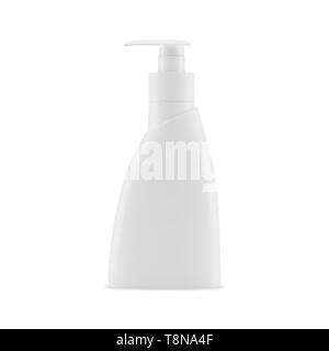 Kunststoff glänzend Flasche für flüssige Seife und Creme mit einer Pumpe, Vorderansicht. Auf weißem Hintergrund, 3D-Darstellung. Stockfoto