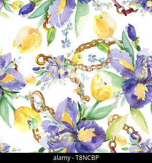 Blumenstrauß mit Iris Blumen botanischen Blumen. Aquarell Hintergrund Abbildung. Nahtlose Muster. Stockfoto