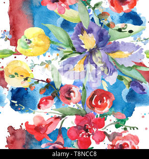 Blumenstrauß mit Iris Blumen botanischen Blumen. Aquarell Hintergrund Abbildung. Nahtlose Muster. Stockfoto