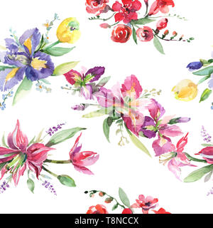 Blumenstrauß mit Iris Blumen botanischen Blumen. Aquarell Hintergrund Abbildung. Nahtlose Muster. Stockfoto