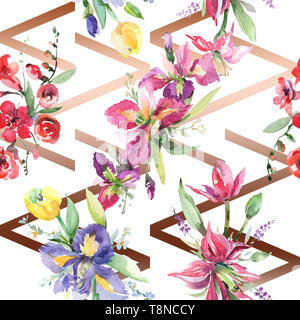 Blumenstrauß mit Iris Blumen botanischen Blumen. Aquarell Hintergrund Abbildung. Nahtlose Muster. Stockfoto