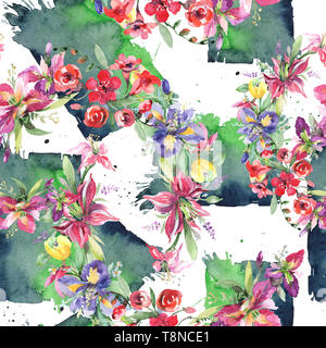 Blumenstrauß mit Iris Blumen botanischen Blumen. Aquarell Hintergrund Abbildung. Nahtlose Muster. Stockfoto