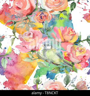 Rose Bouquet blumig botanischen Blumen. Aquarell Hintergrund Abbildung. Nahtlose Muster. Stockfoto