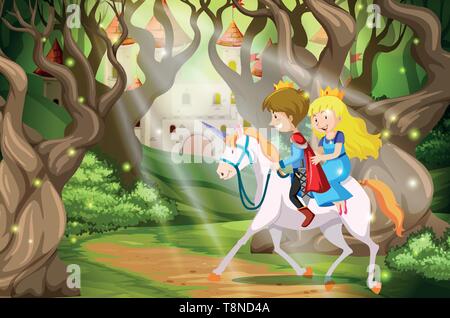 Prinz und Prinzessin reiten ein Einhorn Szene Abbildung Stock Vektor