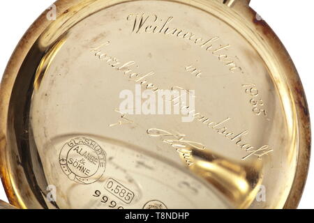 Adolf Hitler - eine Präsentation Taschenuhr Reichsführer-SS Heinrich Himmler, Weihnachten 1935 - von Lange & Söhne/Glashütte I/SA. Gold hunter Fall Taschenuhr. Mehrere Marken, Feinheit "0,585", Krone und der Firmenname "Glashütte A. Lange & Söhn des 20. Jahrhunderts, Editorial-Use - Nur Stockfoto