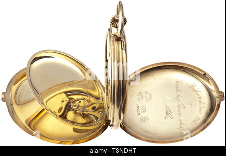 Adolf Hitler - eine Präsentation Taschenuhr Reichsführer-SS Heinrich Himmler, Weihnachten 1935 - von Lange & Söhne/Glashütte I/SA. Gold hunter Fall Taschenuhr. Mehrere Marken, Feinheit "0,585", Krone und der Firmenname "Glashütte A. Lange & Söhn des 20. Jahrhunderts, Editorial-Use - Nur Stockfoto