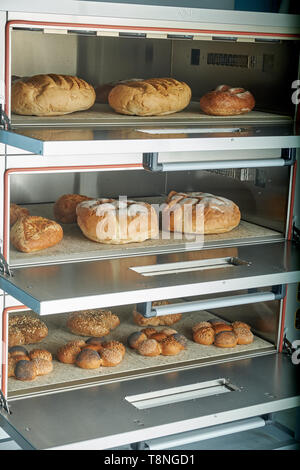 Industrielle elektrischer Ofen für die Verpflegung mit Essen. Frisch gebackene Backwaren Stockfoto