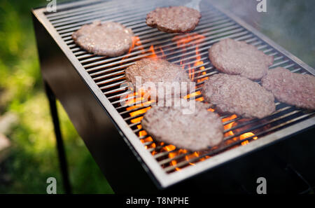 Lecker gegrilltes Fleisch mit Gemüse sortiert über die Kohlen im Grill Stockfoto
