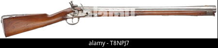 Eine musqueton (donnerbüchse) M 1759/81, Kavallerie zweistufige Zylinder, achteckige dann rund, mit Ausgestelltem oval Schnauze, Messing vor Augen auf der Oberseite. Flintlock mit Hammer Sicherheit, auf die Sicherungsplatte gestempelt Crown/'D'. Nussbaum vollen Lager mit schmiedeeisernen Möbeln, Heften auf der gegenüberliegenden Seite des Schlosses. Iron ramrod. Lieferbar mit kleinen Schwundrisse im Bereich sperren sowie an der Unterseite des Unterarms und Schnauze. Länge 103 cm. Außergewöhnlich seltene schwere Kavallerie Waffe. historischen, geschichtlichen, Österreichische, 18. Jahrhundert, Additional-Rights - Clearance-Info - Not-Available Stockfoto