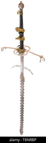 Eine beidhändige flamberge, historische Reproduktion mittels eines ursprünglichen Blade breit geschwungene Klinge. Die lange Fehlschärfe hat schweren Wachen in die Klinge. Weit ausgefahren quillons mit quadratischem Querschnitt, die kreuzblumen in Drei aufgeteilt sind und rollte nach innen. Große parieren Ringe auf beiden Seiten mit Lily Dekoration (leicht beschädigt). Leder Griff Cover (Original?) mit Resten der dekorativen Fransen. Leicht oval Knauf. Länge 184.5 cm. historischen, geschichtlichen, Schwert, Schwerter, Waffen, Waffen, Waffen, arm, Kampf gerät, Militär, Militaria, Objekt, Objekte, Additional-Rights - Clearance-Info - Not-Available Stockfoto