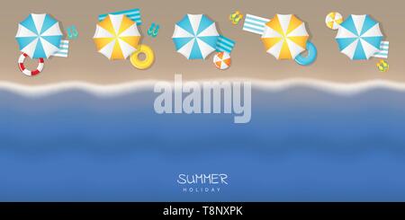 Sommerurlaub auf touristische Strand mit Sonnenschirm schwimmen Ring und flip flop Vektor-illustration EPS 10. Stock Vektor
