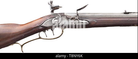 Ein Deutscher flintlock Gewehr, ca. 1760 gezogenen Bohrung 15,5 mm Kaliber, achteckiger Lauf, liniert Kimme oben und Signatur "J. Franck" in Silber. Dünn graviert Flint zu sperren, legen Sie auslösen. Volle Lager mit Patch Box geschnitzt, horn Nase und ein eigenes graviert Messing Möbel. Holz- ladestock mit Horn Tipp. Leichte Gebrauchsspuren. Länge 110 cm. historischen, historische, zivile Langwaffen, Waffe, Waffen, Waffen, Waffen, arm, 18. Jahrhundert, Additional-Rights - Clearance-Info - Not-Available Stockfoto