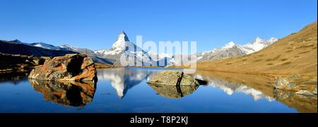 Schweiz, Wallis, Zermatt, das Matterhorn (4478 m), Dent Blanche, Obergabelhorn und Wellenkuppe Gipfel vom See Stellisee Stockfoto