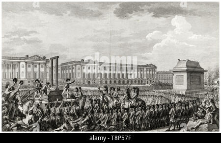 Französische Revolution. Ausführung von Louis XVI. 21. Januar 1793 den Tod von Louis Capet (Louis XVI.) Durch die Guillotine in der Place de la Revolution, Paris, Gravur 1794 Stockfoto