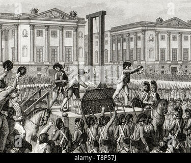 Französische Revolution. Hinrichtung von Ludwig XVI 21. Januar 1793 der Tod von Louis Capet (Louis XVI) auf dem Place de la Revolution, Paris, Gravur 1794 Stockfoto