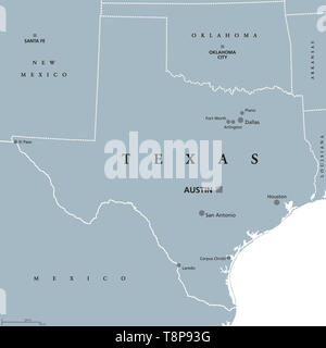 Texas politische Karte mit Hauptstadt Austin. Zustand in der South Central Region der Vereinigten Staaten von Amerika durch den Golf von Mexiko grenzt. Stockfoto