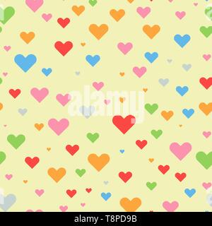 Bunte Herzen nahtlose mit zufälligen Größe für Ihren Hintergrund oder Textiles Gestalten. Farbe Vector Illustration. Stock Vektor