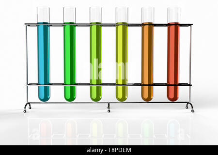 3D-Rendering von Röhrchen mit Flüssigkeiten in verschiedenen Farben gefüllt Stockfoto