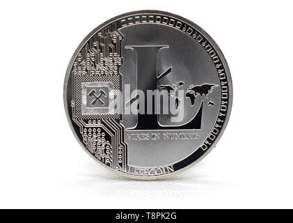 Silber Litecoin LTC isoliert auf einem weißen Hintergrund. Stockfoto