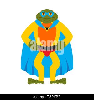 Frosch superhero. Super Kröte in Maske und Regenmantel. Starke Amphibien Stock Vektor