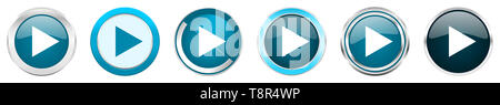 Spielen silber metallic Chrom Grenze Symbole in 6 Optionen, von Web blau runde Tasten auf weißem Hintergrund einstellen Stockfoto