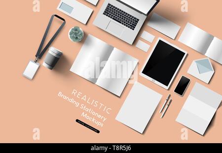 Realistische von Oben nach Unten Blick auf Büro Schreibwaren und Objekte. Vektor mockup Abbildung. Stock Vektor