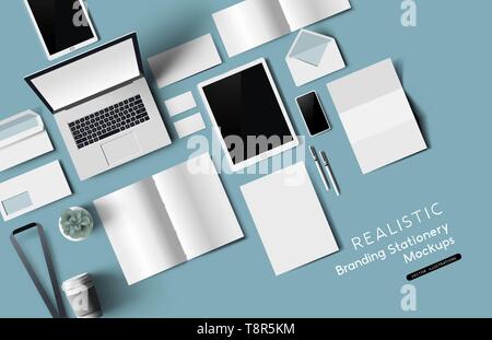 Von oben nach unten Blick auf Büro Schreibtisch realistische Schreibwaren und Objekte. Vektor mockup Abbildung. Stock Vektor