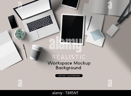 Ein Arbeitsplatz Draufsicht Schreibtisch mockup. Realistische Vektor Büro Zubehör. Stock Vektor