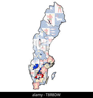 Flagge von Jonkoping County auf der Karte von administrativen Abteilungen der Schweden mit Freistellungspfad Stockfoto