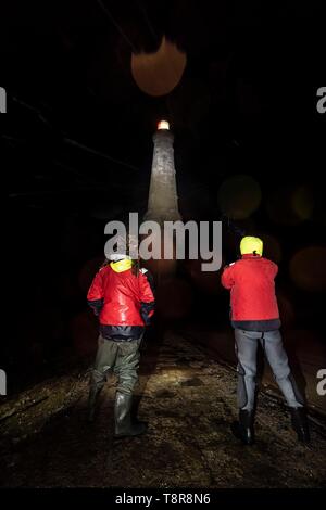 Frankreich, Gironde, Verdon sur Mer, felsigen Plateau von Cordouan, Leuchtturm von Cordouan, als Monument Historique, Lighthouse Keepers auf dem felsigen Plateau in der Nacht gelistet bei Ebbe Stockfoto