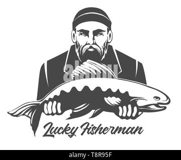 Angeln Emblem auf weißen isoliert. Fischer hält Big Salmon. Vector Illustration. Stock Vektor