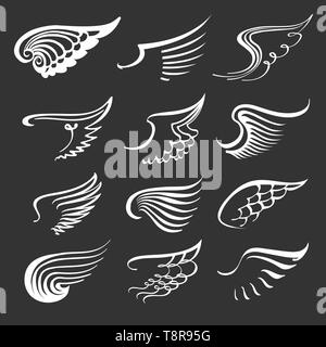 Doodle Angel Wings gesetzt. Kontur Flügel Symbole. Engel und Vogel Symbole. Vektor Kontur Abbildung. Stock Vektor