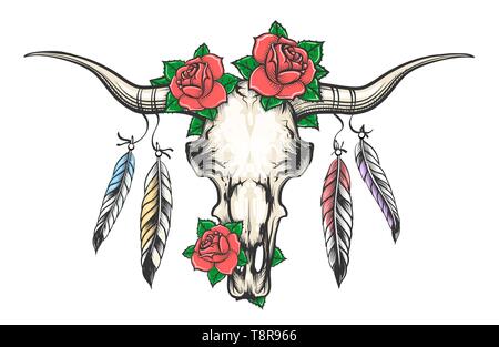 Stier Schädel mit rosa Blüten auf ihren Kopf und mit Federn hängen von den Hörnern. Vector Illustration. Stock Vektor