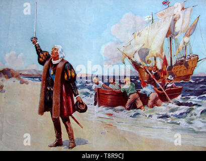 CHRISTOPHER COLUMBUS ( Cristoforo Colombo) LANDET IN AMERIKA -1935 Illustration Stockfoto