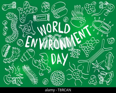 World Environment Day doodle. Verschiedene Mikroorganismen Hintergrund Muster. Hintergrund Die mit infektiösen Keimen, Protisten, Mikroben, Bakterien, Krankheit Stock Vektor