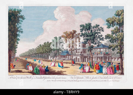 Ein Blick auf die Grand Spaziergang in Vauxhall Gardens vom Eingang berücksichtigt. London, England. Nach einem Handcolorierte Kupferstich von Edward Rooker aus einer Arbeit von Canaletto. Vom 1751. Stockfoto