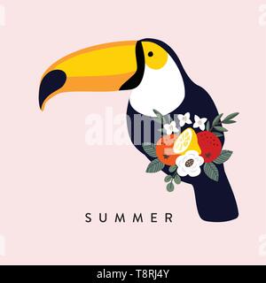 Sommer tropische Grußkarte, Einladung. Toucan Vogel mit Oliven-, Eukalyptusblätter, Orangen, Zitronen Obst und Blumen. Vector Illustration Hintergrund Stock Vektor