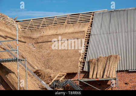 Ein altes Bauernhaus ist neu mit Reed gedeckt Stockfoto