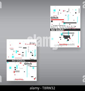 Glitch Seite Vorlage. Tv verzerrten Signal Chaos, glitched Wirkung Distortion Farbe Foto Auflösung und Fehler Fehler Fehler Kreise, vhs weißes Rauschen de Stock Vektor