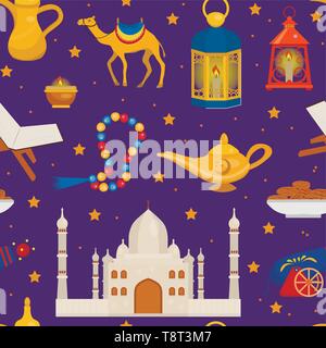 Ramadan Kareem nahtlose Muster mit arabischem Design Elemente Kamel, Koran, Laternen, Rosenkranz, das Essen, die Moschee. Vector Illustration. Stock Vektor