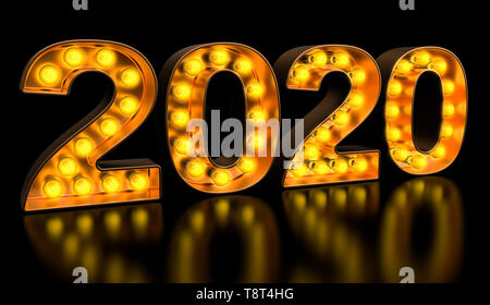 2020 Repräsentant von goldenen Glühbirne Buchstaben, retro Leuchtende Schrift. 3D-Rendering Stockfoto