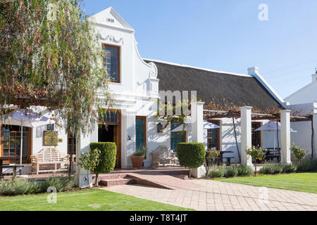 Bon Courage, Robertson Valley, Western Cape Town, Südafrika. Äußere des historischen Cape Dutch Homestead 1818 mit traditionellen g Stockfoto