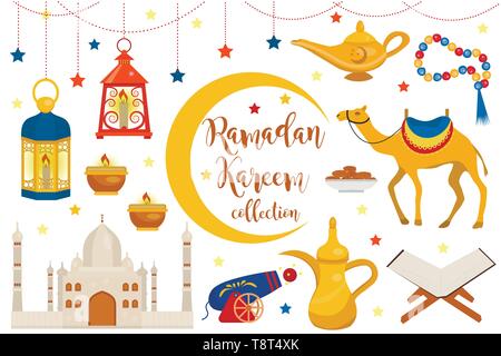 Ramadan Kareem flachbild Icon Set, Cartoon Stil. Sammlung von arabischen Design Elemente mit Kamel, Koran, Laternen, Rosenkranz, das Essen, die Moschee. Vektor Stock Vektor