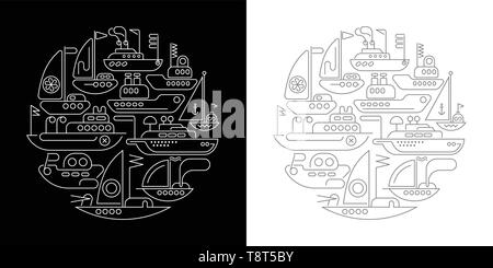 Zwei Möglichkeiten der Schiffe, Yachten und Boote, runde Form Vector Illustration. Line Art Symbole auf einem schwarzen und einem weißen Hintergründen. Stock Vektor