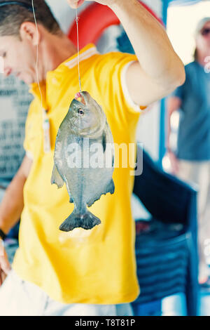 Santarem, Brasilien - Dezember 02, 2015: Fische hängend auf Linie in männlichen Händen. Verschwommen Fischer in gelben T-Shirt mit fangen. Die fischereitätigkeit Konzept. Aktiver Lebensstil und Hobby Stockfoto