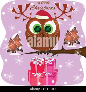 Frohe Weihnachten Grußkarten mit Eule. cartoon Eule mit Hörnern frohe Weihnachten Grußkarte. cartoon Eule mit Hörnern Vector Illustration. Stock Vektor