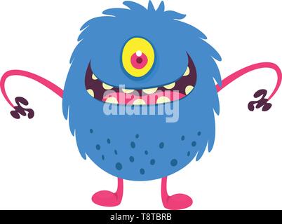 Cute cartoon One Eyed Monster lächelnd. Vector Illustration des Blauen haarigen Monster. Halloween Design Stock Vektor